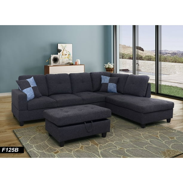 Leona Right Facing Sectional Sofa with Ottoman, Dark Grey