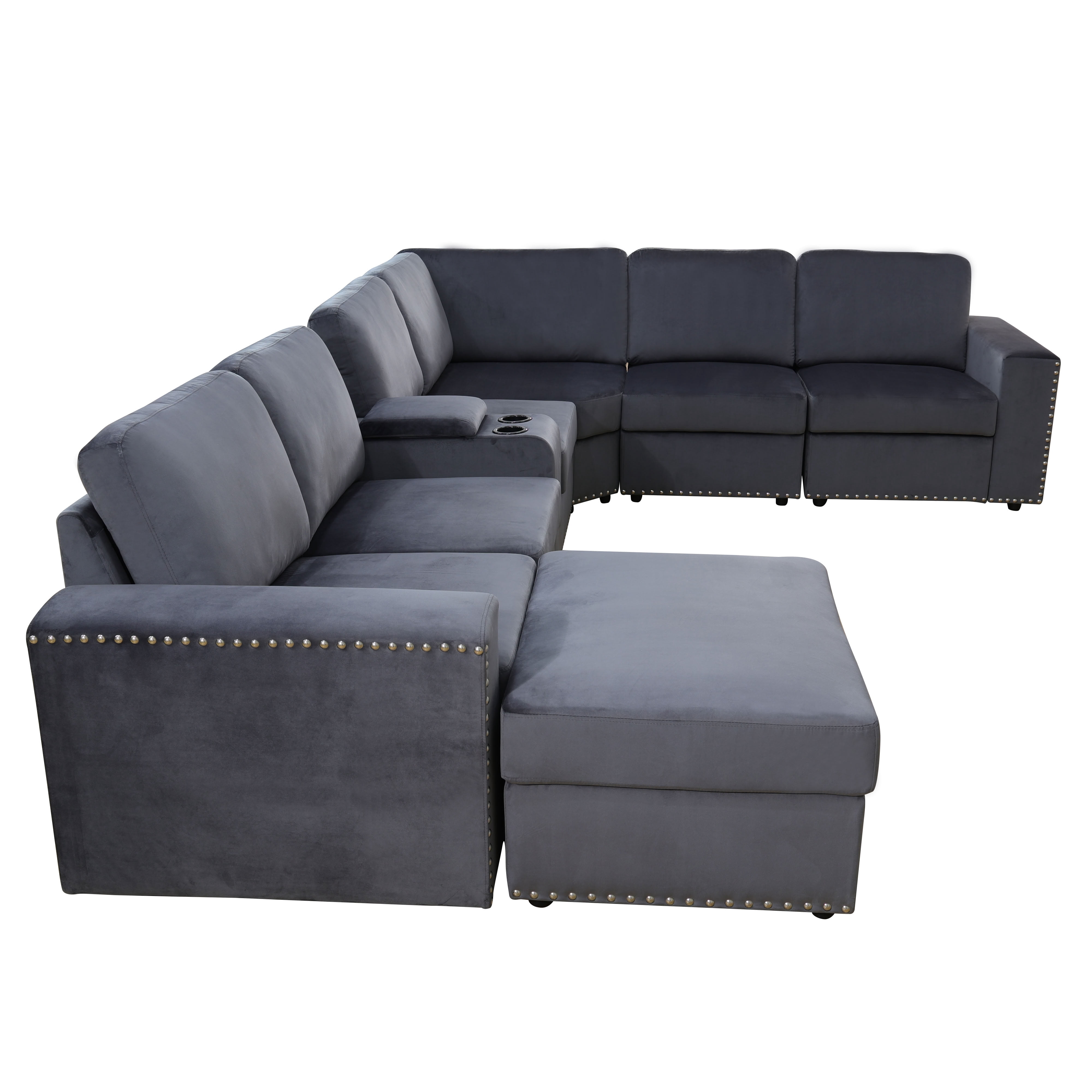 MAYEERTY Modular Sectional Sofa Set, Convertible Upholstered Couch with Ottoman, Console & Cup Holders, for Living Room Family Room, Dark Grey