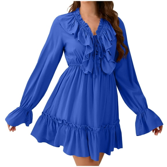 Efsteb Fall Fashion 2025 Womens V Neck Casual Dresses High Waist Ruffle Pleated Long Sleeve Dress Cute Mini Short Dress (Blue,S)