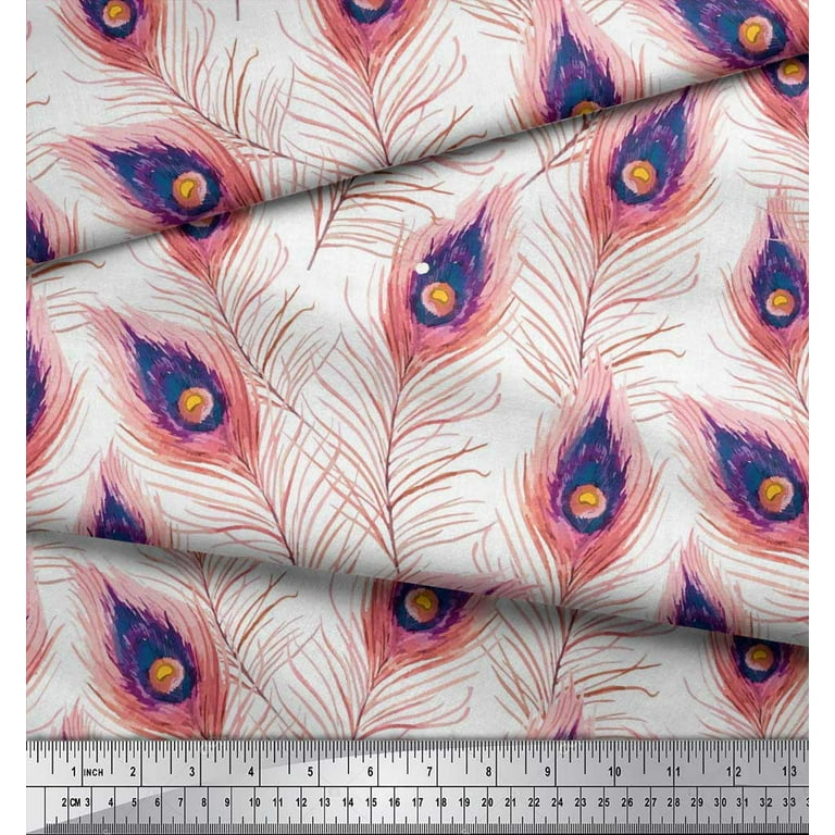 Soimoi Cotton Cambric Fabric Peacock Feather Decor Fabric Printed