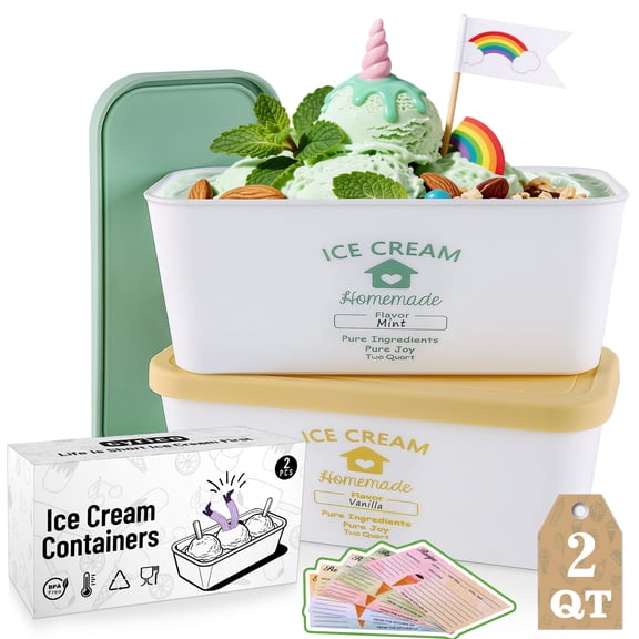 Aovky Ice Cream Containers for Homemade, 2 Pack 2 Quart Reusable Ice Cream Containers with Silicone Lids, Stackable Leakproof Ice Cream Storage Containers for Yogurt, Sorbet, Frozen Desserts