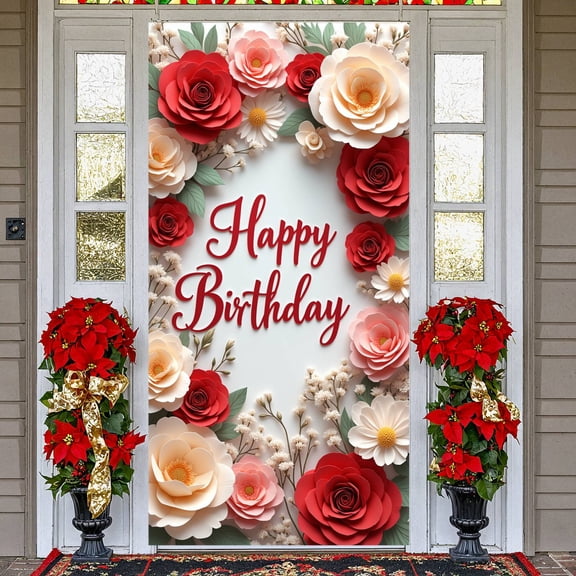 Floral Design Banner Red Roses Floral Backdrop Pink Flowers 3D Floral Party Background for Birthday Party Photo Shoot Indoor Decoration