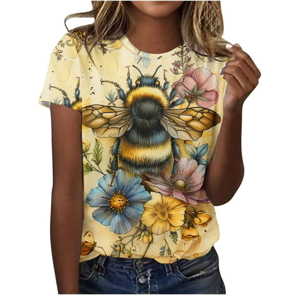 T Shirts for Women Women's Casual Round Neck Printed Short Sleeved Top