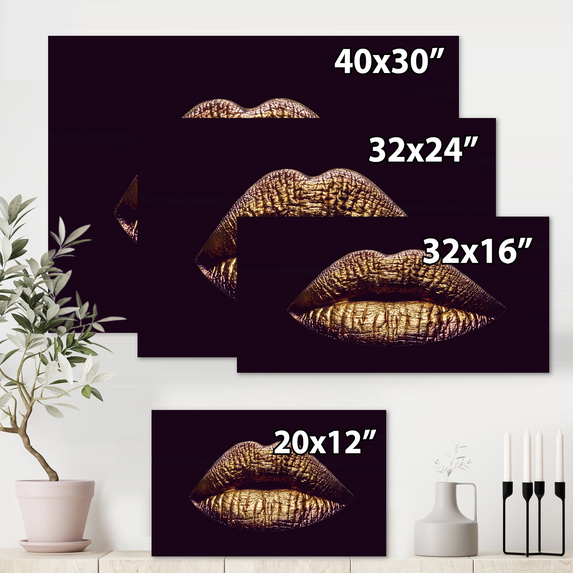 Designart ' Sexy Golden Metallized Woman Lips II ' Modern Canvas Wall Art Print