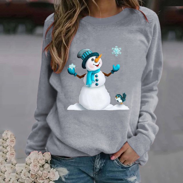 Jienlioq Hauts pour Femmes Mode Décontractée Imprimé de Noël Col Rond Ample Manches Longues Chandail en Molleton Blouse Cyberlundi