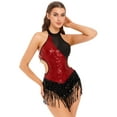 thumbnail image 2 of Doomiva Women's Sequin Fringe Dance Bodysuit Sparkly Tassel Latin Jazz Dance Leotard with Gloves Burgundy XXL, 2 of 7