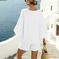 thumbnail image 6 of Lcziwo V Neck Two Piece Sets for Women Gauze Elegant Beach Vacation Outfits Batwing Sleeve Loose Shirts with Drawstring High Waist Shorts White,L, 6 of 9