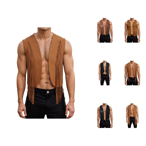 Western Cowboy Vest Men Cropped Suede Tassel Fringe Vest 70s Hippie Open Front Cardigan Jacket Outerwear