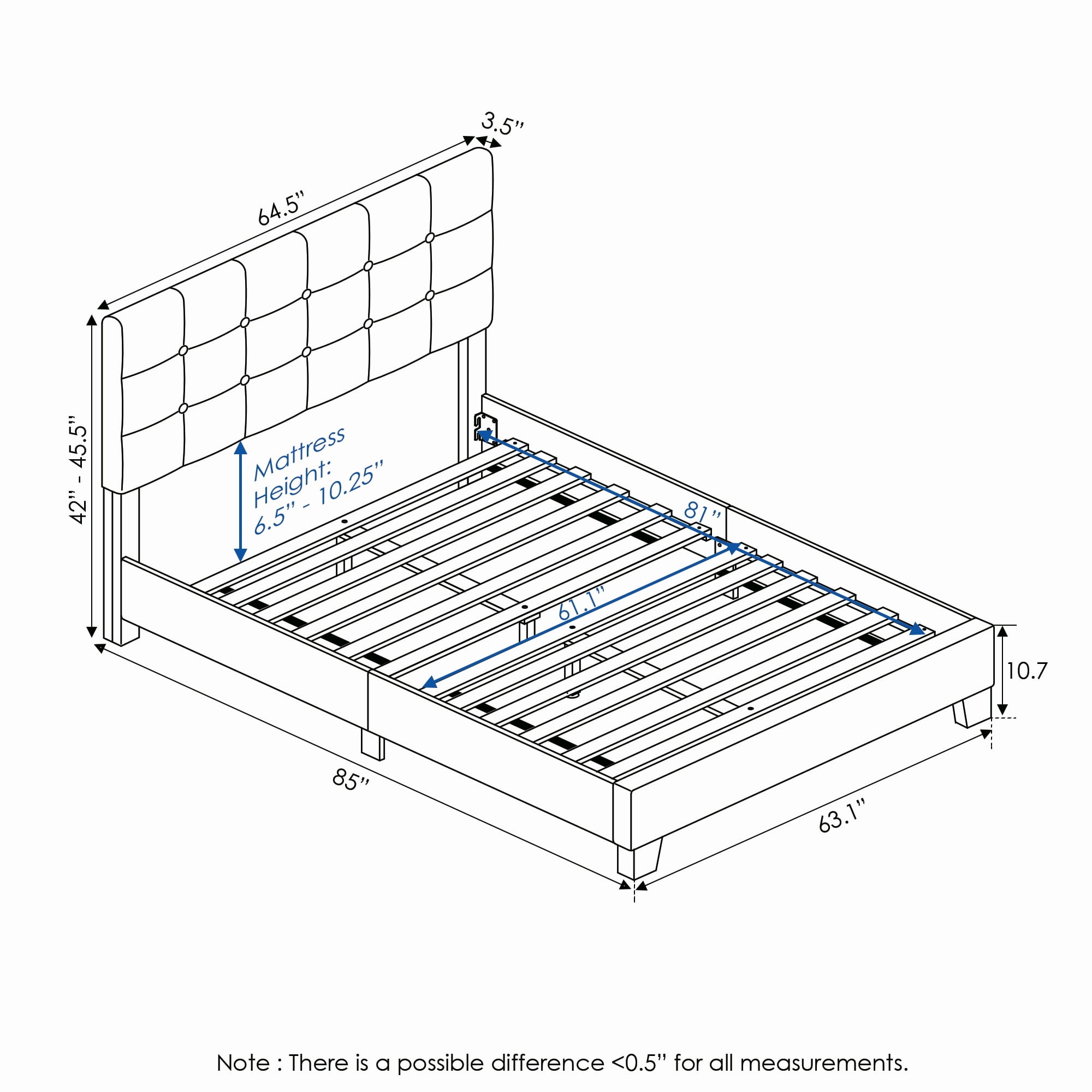 Furinno LAVAL Queen Upholstered Bed Frame with Button-Tufted Headboard and 12-Piece Wooden Slat Support, Light Grey