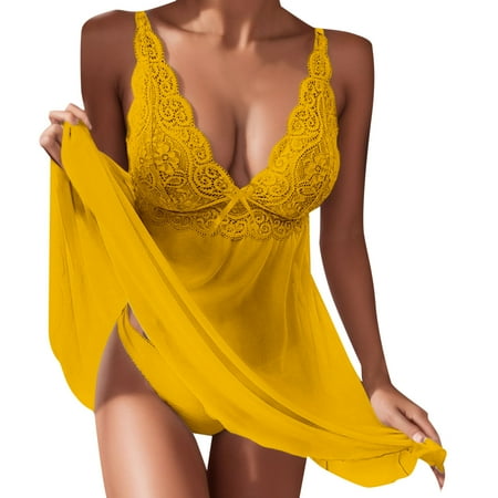 Women s Nightgown Lingerie Dress Sexy Yellow Dress Lace Chemise Sleepwear Women s Lingerie