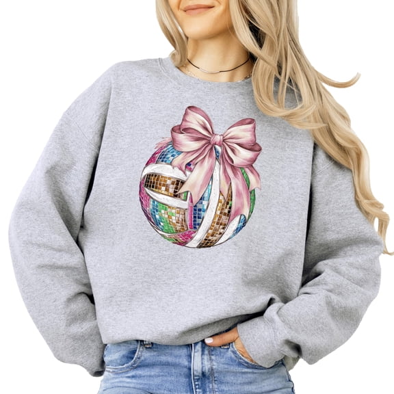 Disco Volleyball Sweatshirt for Women and Teens Girly Pink Coquette Bow Volleyball Sweater Gray Sweatshirt Adult Large