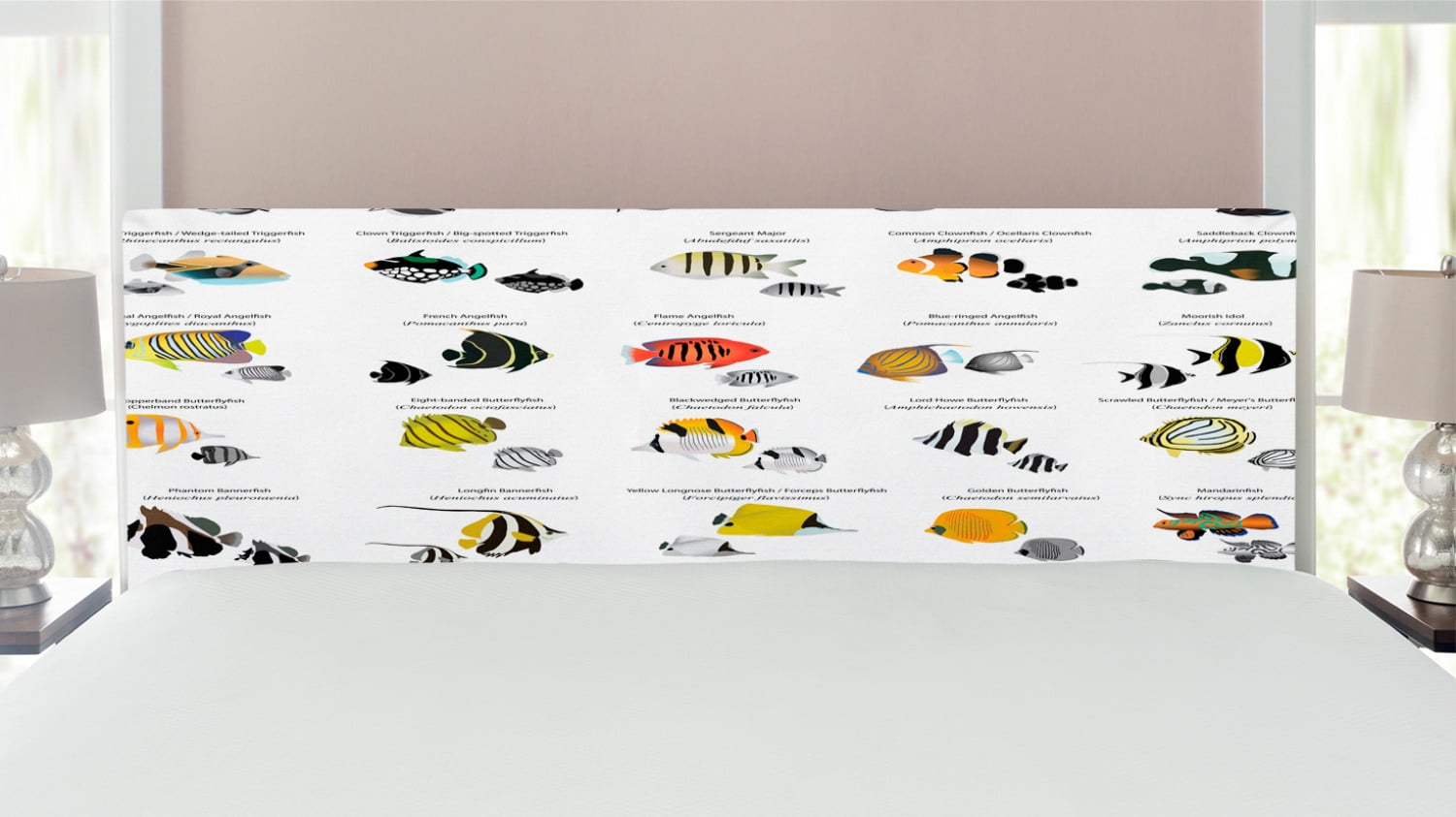 Ocean Headboard, Illustration of Different Fish Species Underwater
