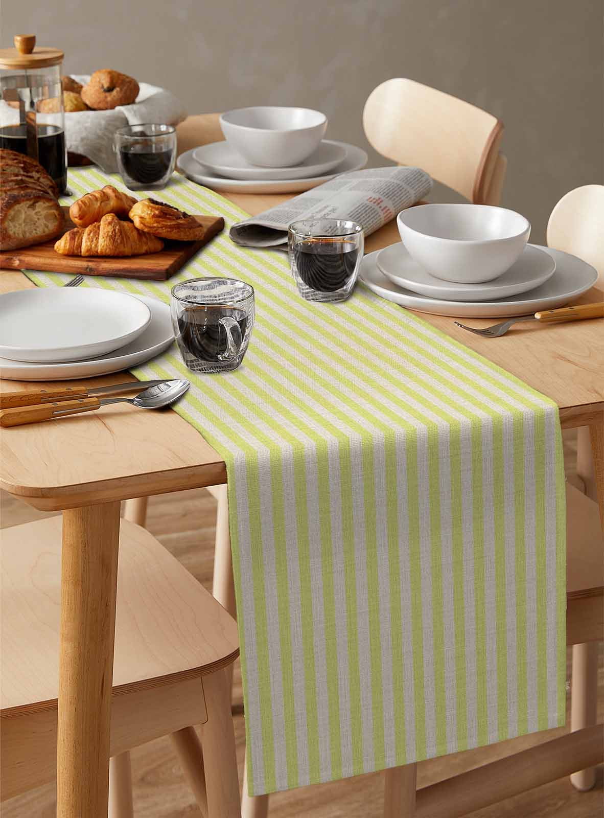 Yellow Striped Table Runner 70 Inches, Modern Simple Farmhouse Beige Vintage Bed Runner Dresser Scarves Tabletop for Indoor Outdoor Parties/Ceremony/Banquet, 13" x 70"