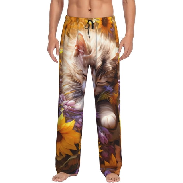 Kdxio Cute Cat Sunflower Pattern Men's Pajama Pants, Elastic Waist with Drawstring and Pockets, Comfortable Loungewear-XX-Large