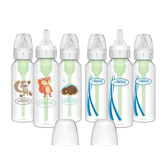 Dr. Brown's Natural Flow Anti-Colic Options  Narrow Baby Bottle, Woodland Animals, 8oz/250ml, Level 1 Slow Flow Nipple, 0m , 6 Pack