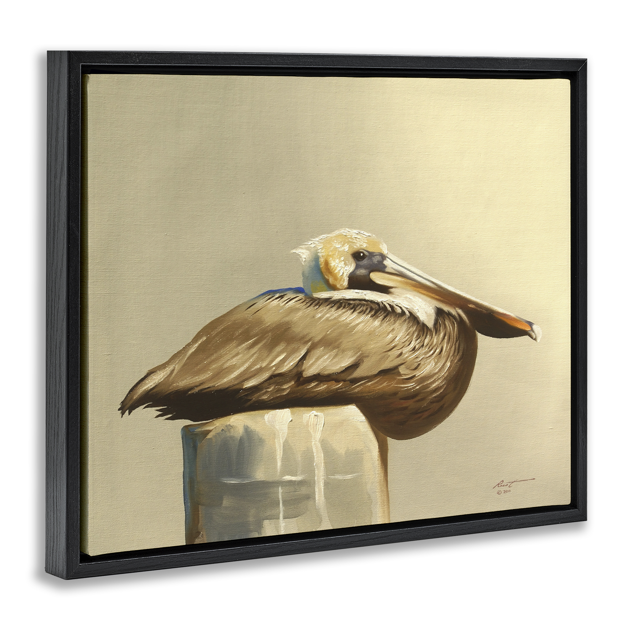 Stupell Industries Pelican Resting on Dock Animals & Insects Painting Black Floater Framed Canvas Art Print Wall Art, 31 x 25