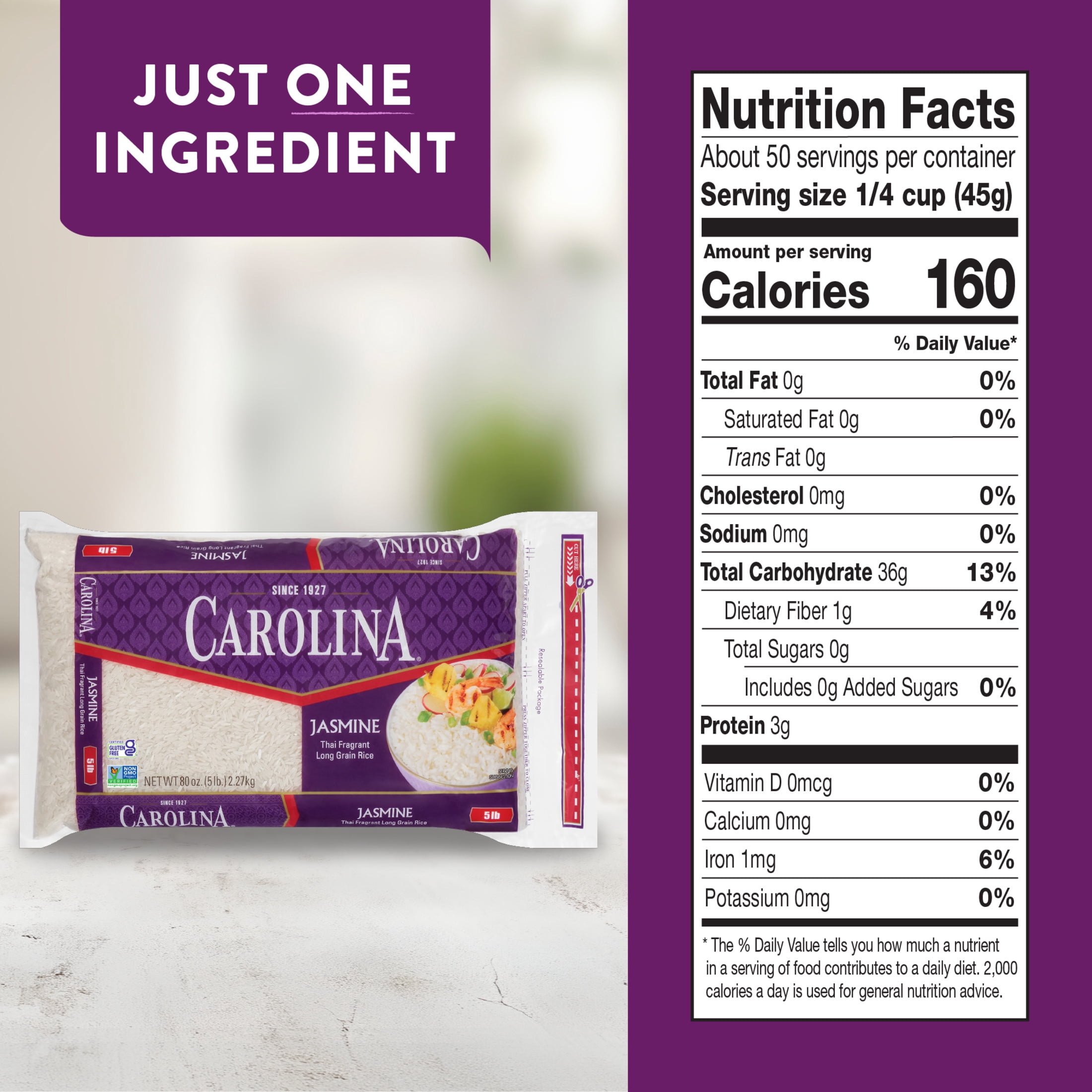 Carolina Jasmine Rice, Thai Fragrant Long Grain Rice, Gluten Free, 5 lb Bag