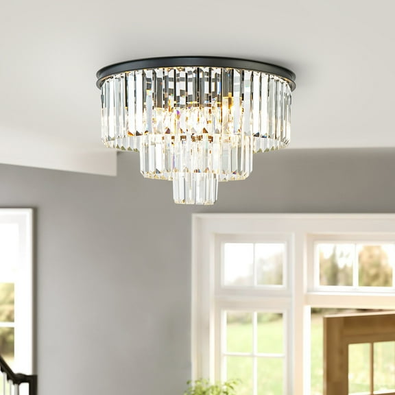 Black Modern Crystal Chandelier Lighting K9 Crystal Round Semi-Flush Mount Light Ceiling Light Fixture 3-Tier Contemporary Crystal Pendant Light for Dining Room Living Room Bedroom