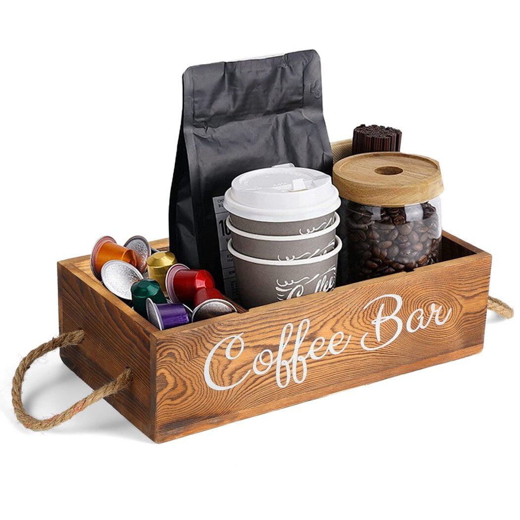 Coffee Bar Organizer, Wood Coffee Station with 3 Removable Dividers, Countertop Storage Box for