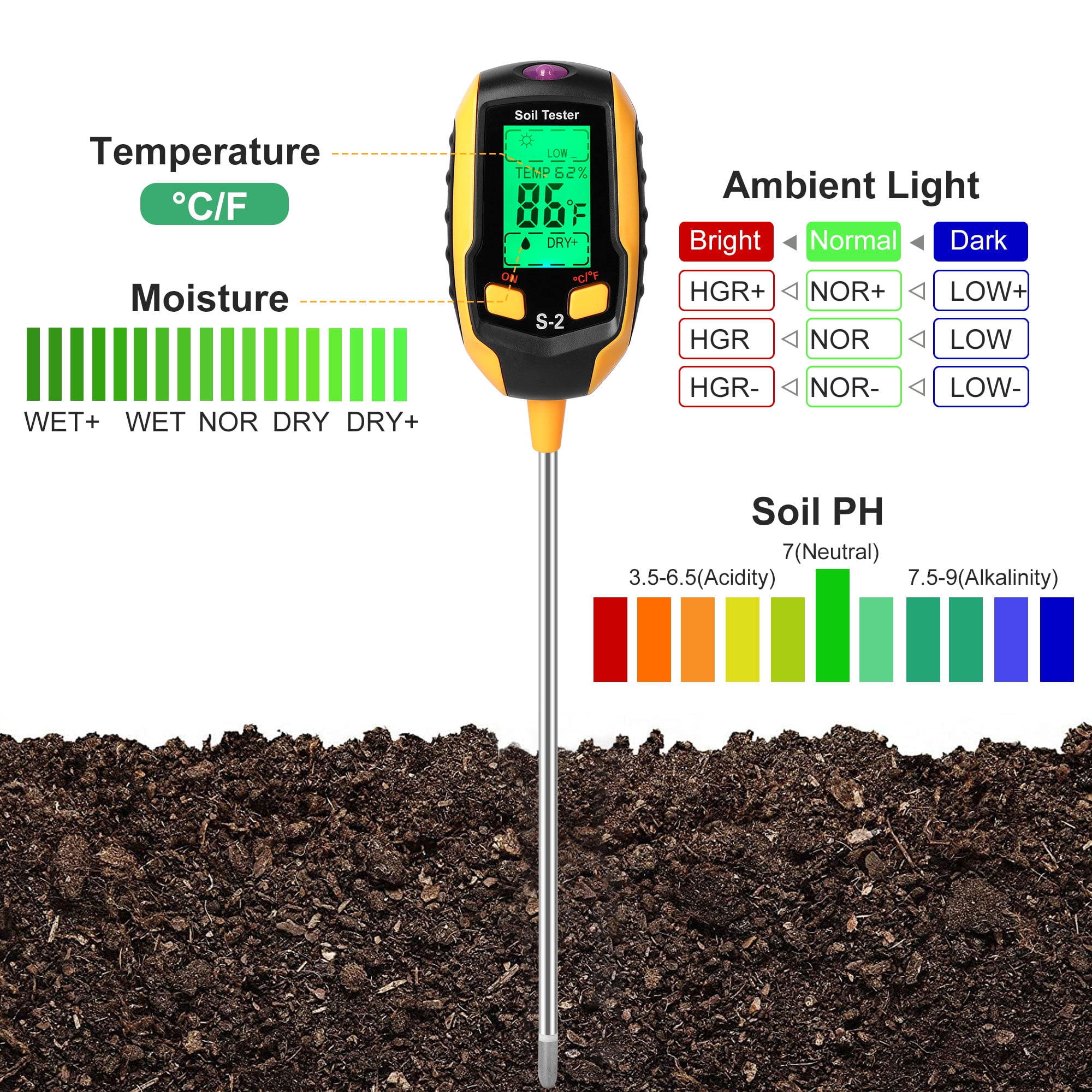 Testeur de Sol 4 en 1 Soil Tester PH-mètre, température