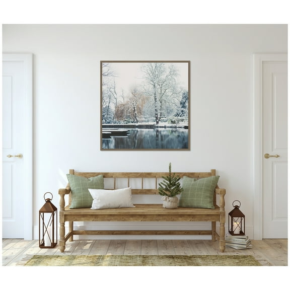 Kate and Laurel Framed Canvas Wall Art Print 'Snow Covered Punts on the River Cam' by Laura Evans, 30 x 30 Sylvie Dark Gold Frame, Traditional, Landscape Art for Wall Decor