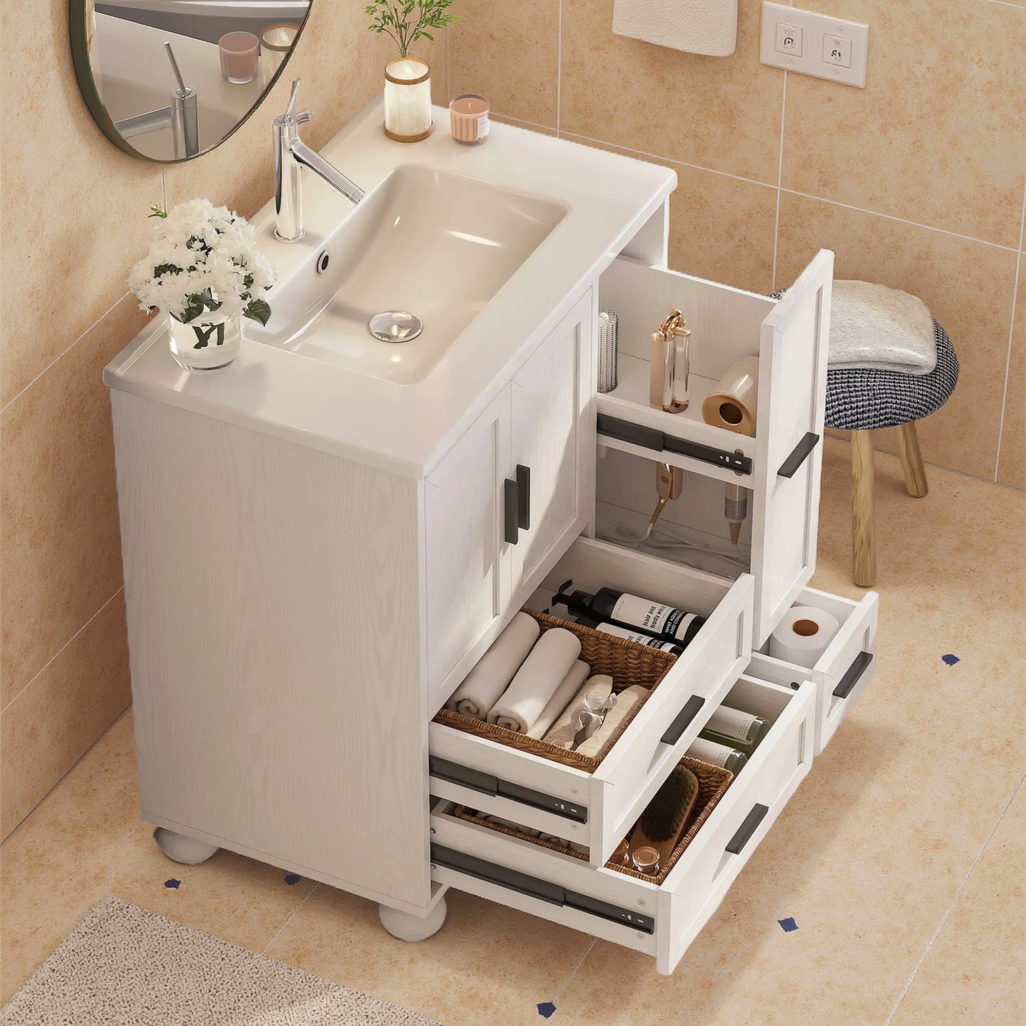 LIKIMIO 30" Bathroom Vanity with Ceramic Sink Combo, White Bathroom Storage Cabinet with Hair Tool Pull-out Drawer, 4 Solid Legs, 4 Drawers, Freestanding Wooden Modern Bathroom Cabinet