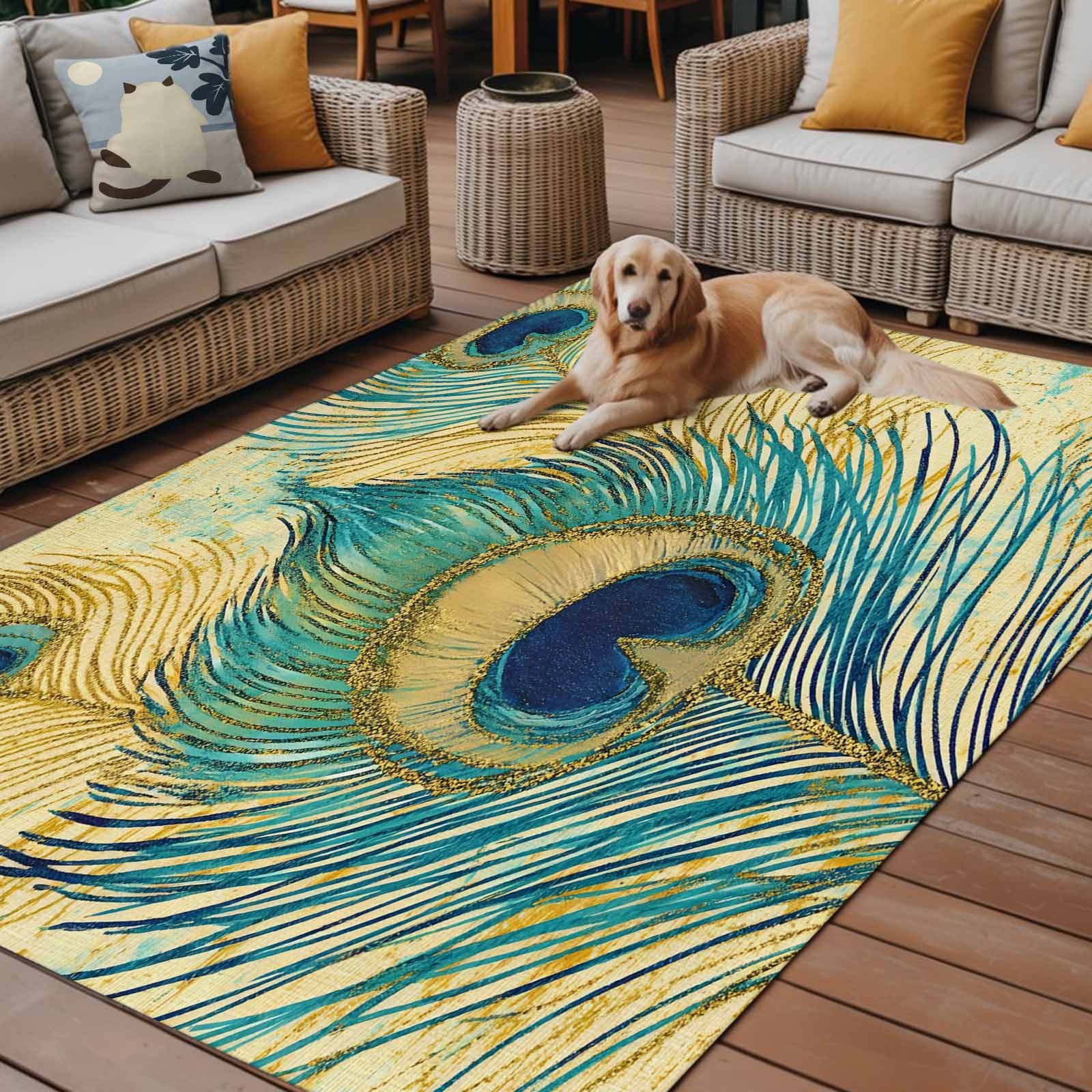Fsddascl Retro Peacock Feathers Outdoor Rug for Patio/Deck/Porch, Non-Slip Large Area Rug 5 x 8 Ft, Vintage Abstract Art Watercolor Indoor Outdoor Rugs Washable Area Rugs, Camping Rug Carpet
