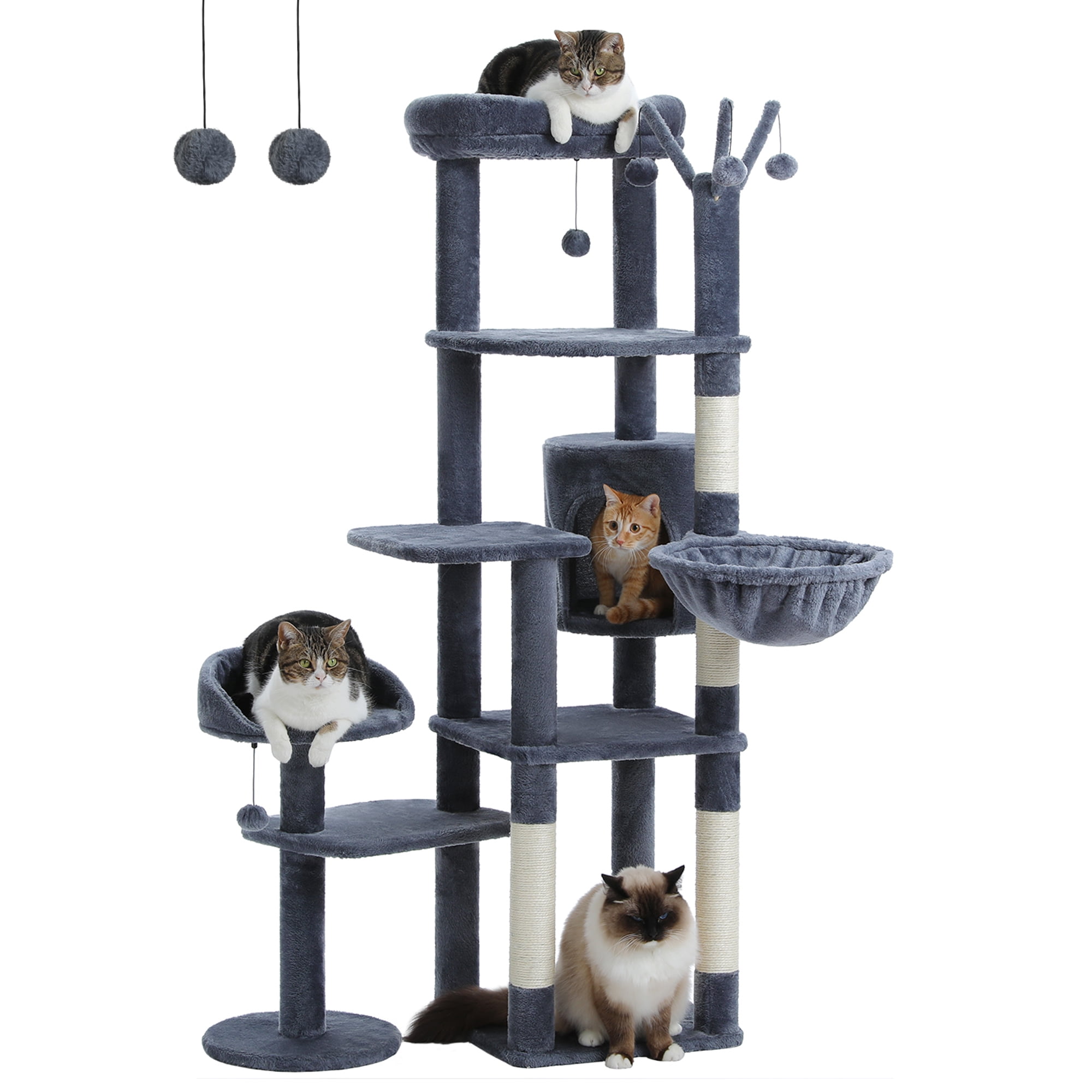 Pefilos 59" Multi-Level Cat Tree House with Large Hammock, Scratching Post, 2 Perches, Cat Tower with 3 Removable Pompom Sticks, Cat Condo, Dark Gray Pefilos 59" Multi-Level Cat Tree House with Large Hammock, Scratching Post, 2 Perches, Cat Tower with 3 Removable Pompom Sticks, Cat Condo, Dark Gray