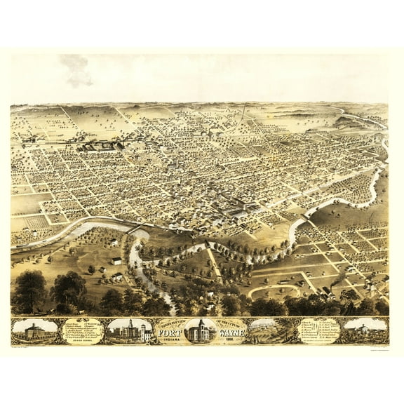 Historic Panoramic View - Fort Wayne Indiana - Ruger 1868 - Vintage Wall Art