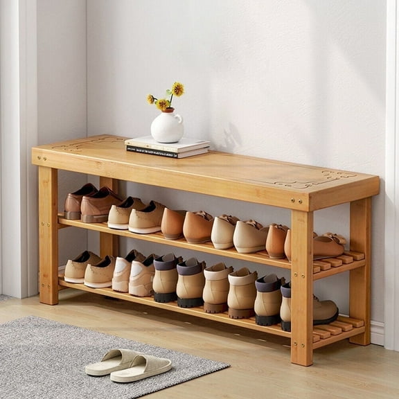 CHZIMADE 2 Tier Wooden Shoe Bench Shoe Storage Rack Organiser for Entryway Hallway