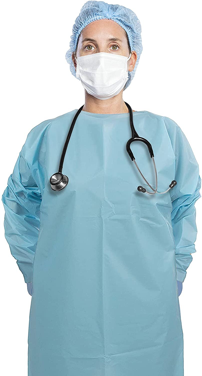 AMZ Disposable Gowns 47". Pack of 25 Blue Isolation Gowns Large. 1 Mil