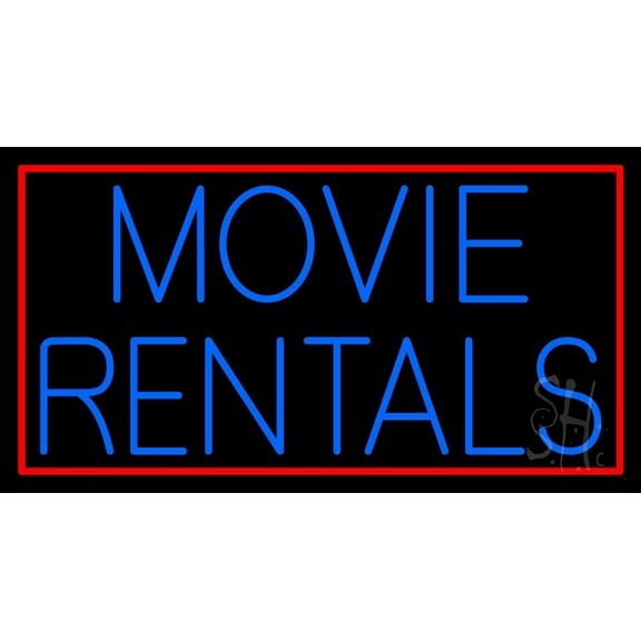Blue Movie Rentals With Border LED Neon Sign 20" Tall x 37" Wide - inches Black Square Cut Acrylic Backing, with Dimmer - Premium built indoor Sign for Storefront, Store interior.