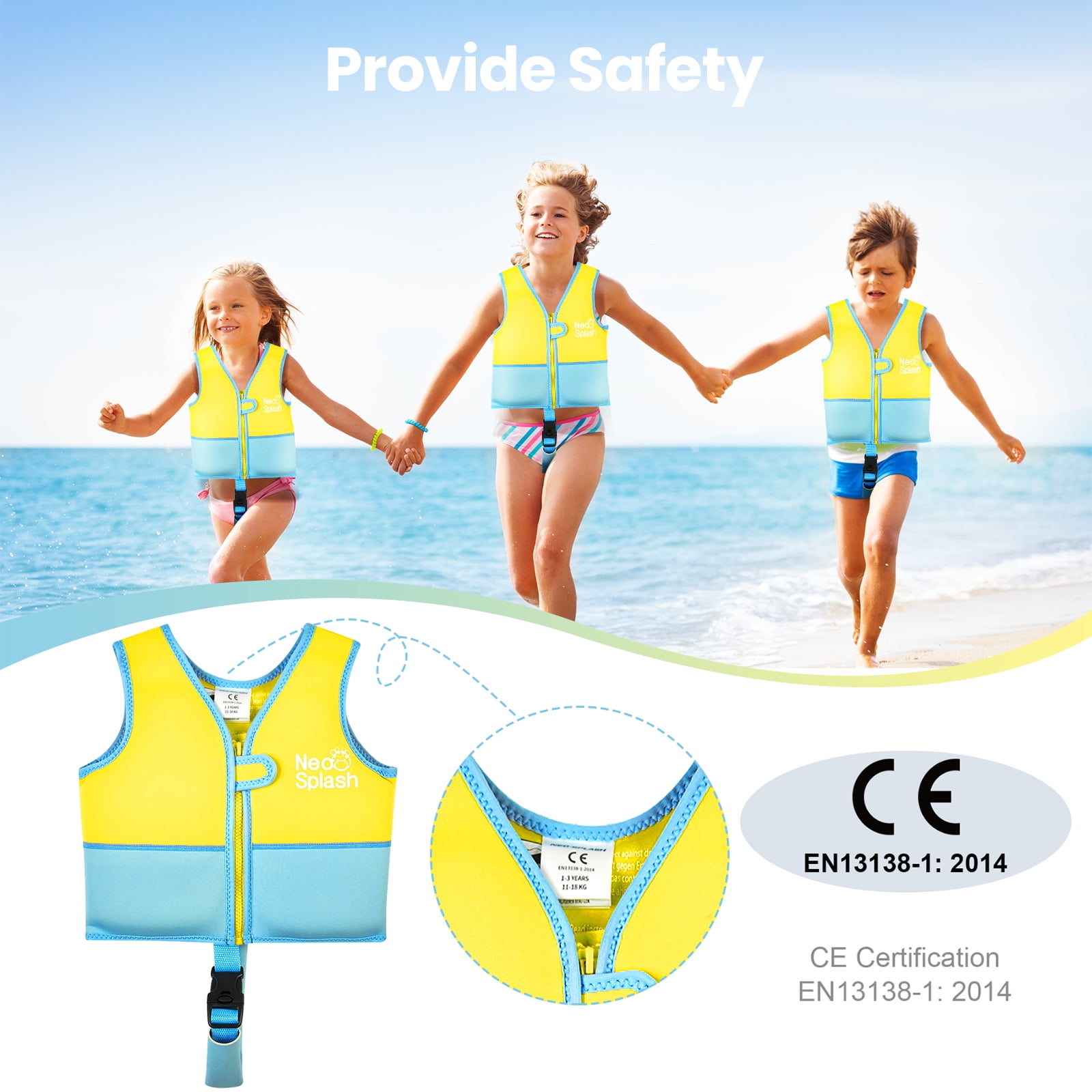 NEO-SPLASH Toddler Swim Vest, Neoprene Life Jackets for Kids Ages 3-6 (41.8-66.1 lbs), Yellow Blue
