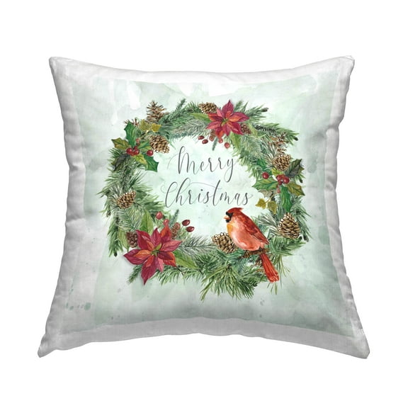 Stupell Industries Christmas Cardinal on Wreath 18" x 18" Holiday Floral Print Polyester Throw Pillow, Zip Closure 1 Count