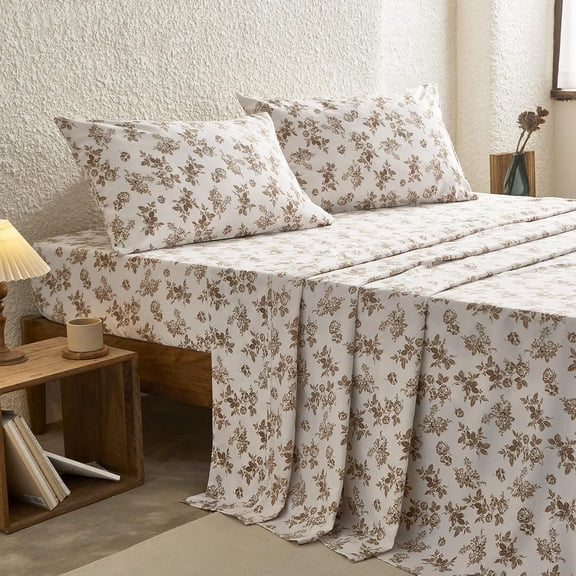 Floral 4-Piece Sheet Set with Deep Pocket Fitted Sheet King Size Brown Taupe