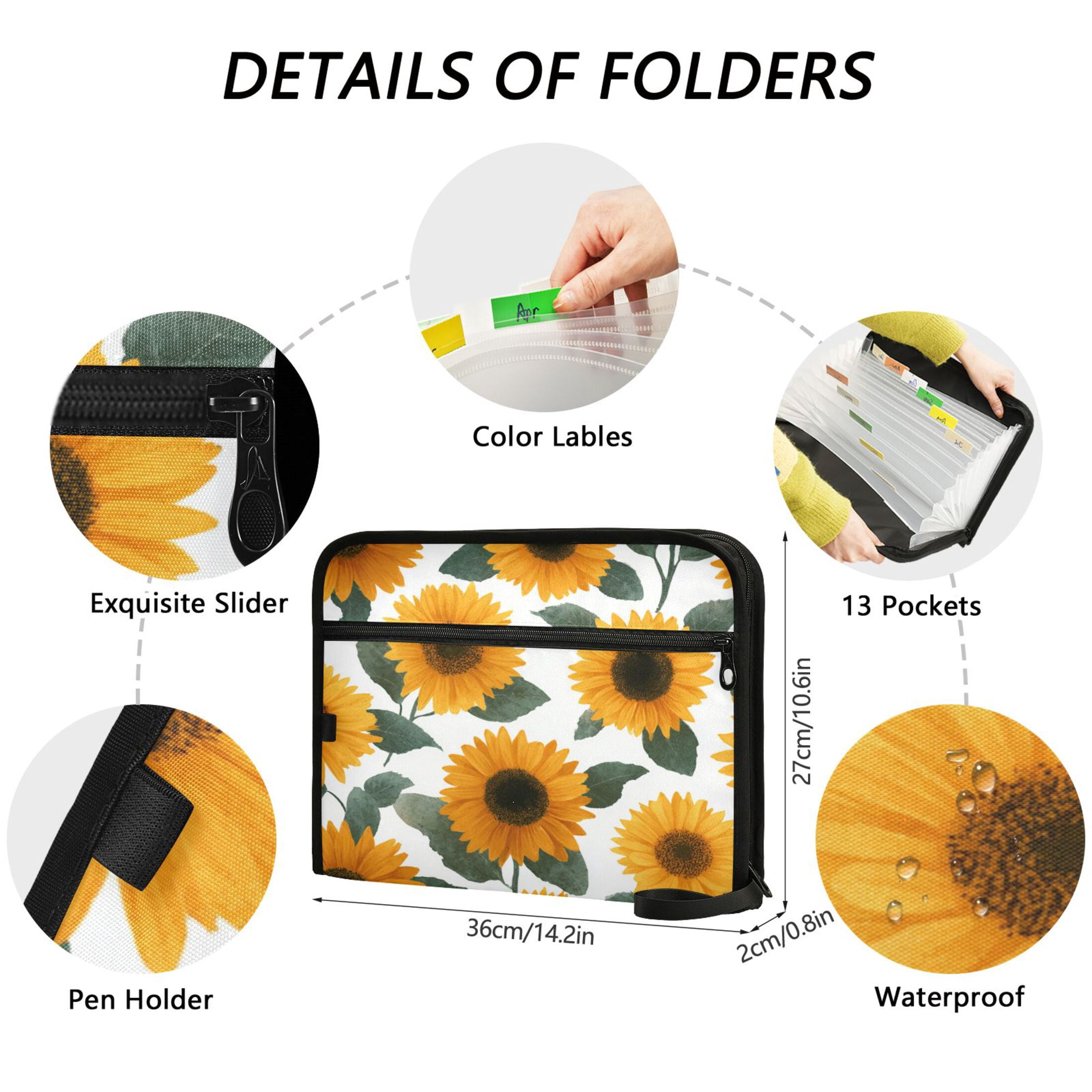 Accordion File Organizer with Zip Closure 13 Pockets Expanding File Folder Letter A4 Paper Document Organizer for Home Office Orange Sunflowers