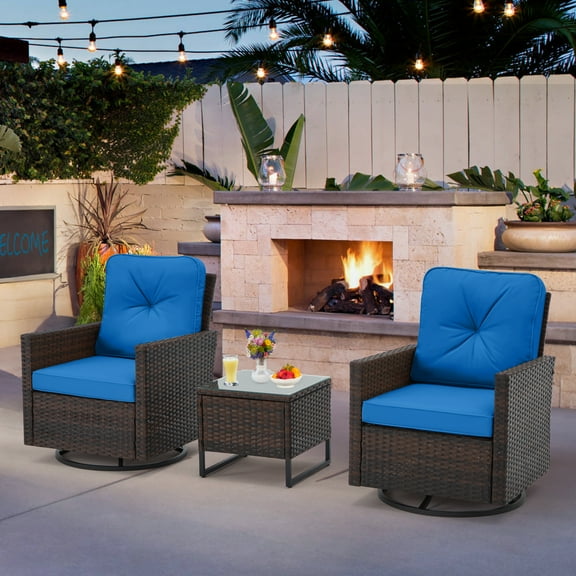 AVAWING Patio Furniture Set of 3, Wicker Swivel Rocking Chairs with Tempered Glass Side Table, Blue