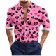 thumbnail image 2 of Blusa y camisa de manga larga con cuello vuelto para hombre, estilo casual, con estampado de corazón, botones y solapa, de poliéster, para San Valentín, 2 of 5