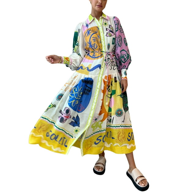 xiaxaixu Femmes Printemps Décontracté Longue Robe Graffiti Fruits Imprimer Tour-vers le Bas Col à Manches Longues Robe Grande Swing Vacances Robe avec Ceinture Tie-Up
