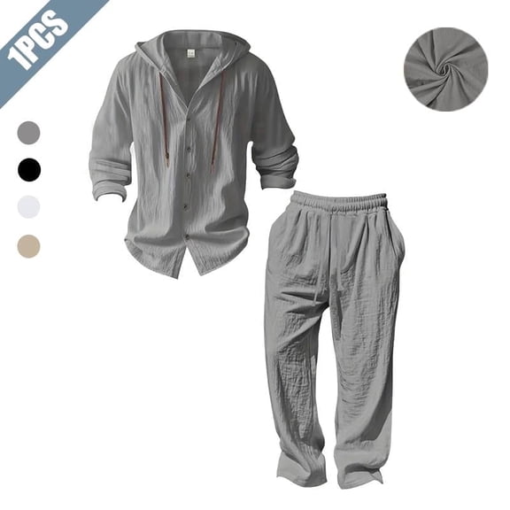 Men's 2-Piece Linen Outfit, Casual Hooded Button-Up Shirt and Drawstring Pants Set