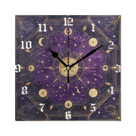 Square Wall Clock Silent Non-Ticking Battery Operated Retro 7.78 Clock for Bedroom Living Room Decor Purple Celestial Octagon Pattern