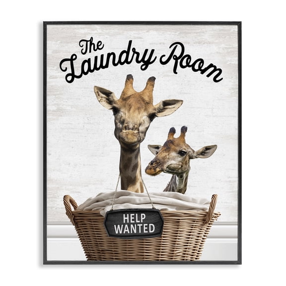 Stupell Industries Help Wanted Laundry Room Giraffes Quotes and Sayings Painting Black Framed Art Print Wall Art, 11 x 14