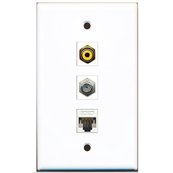 RiteAV - 1 Port RCA Yellow and 1 Port Coax Cable TV- F-Type and 1 Port Cat5e Ethernet White Wall Plate