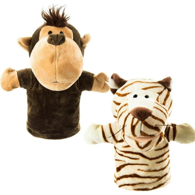 Animal Hand Puppets Set of 2 by BetterLine - Premium Quality, 9.5 Inches Soft Plush Hand Puppet for Kids- Perfect (Monkey and Tiger)
