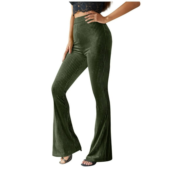 Kureaily Womens Casual Solid Color High Waist Ribbed Flare Long Pants Comfy Elastic Slim Leg Trousers Straight Leg Pant