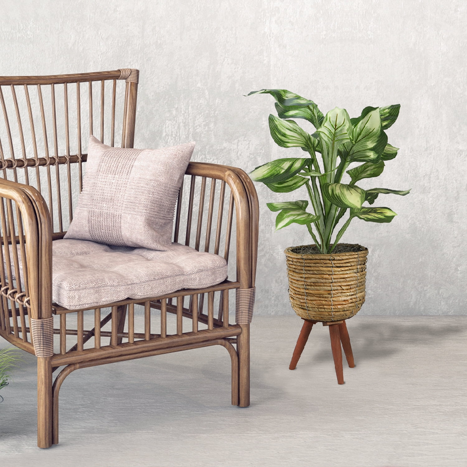 LCG Florals Artificial Plant, Faux Designer Hosta Plant, 28in, Modern Brown Basket Stand, Artificial Indoor Plant for Living Room, Office, & Home Décor