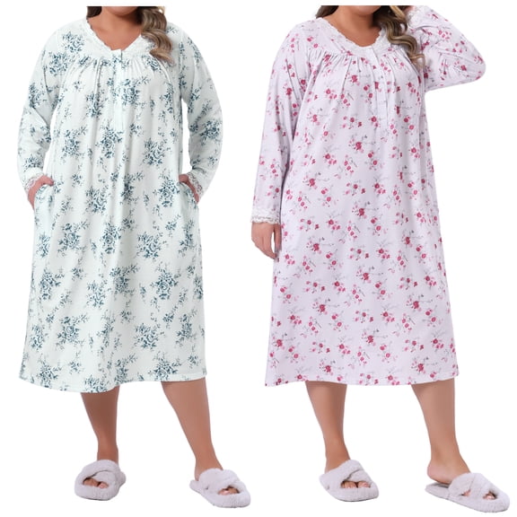 Agnes Orinda Women's Plus Size 2 Pieces Nightgown Lace Trim Floral V Neck Long Sleeve Sleepdress Soft Chemise Lounge Nightdress 1X White Blue/Light Purple