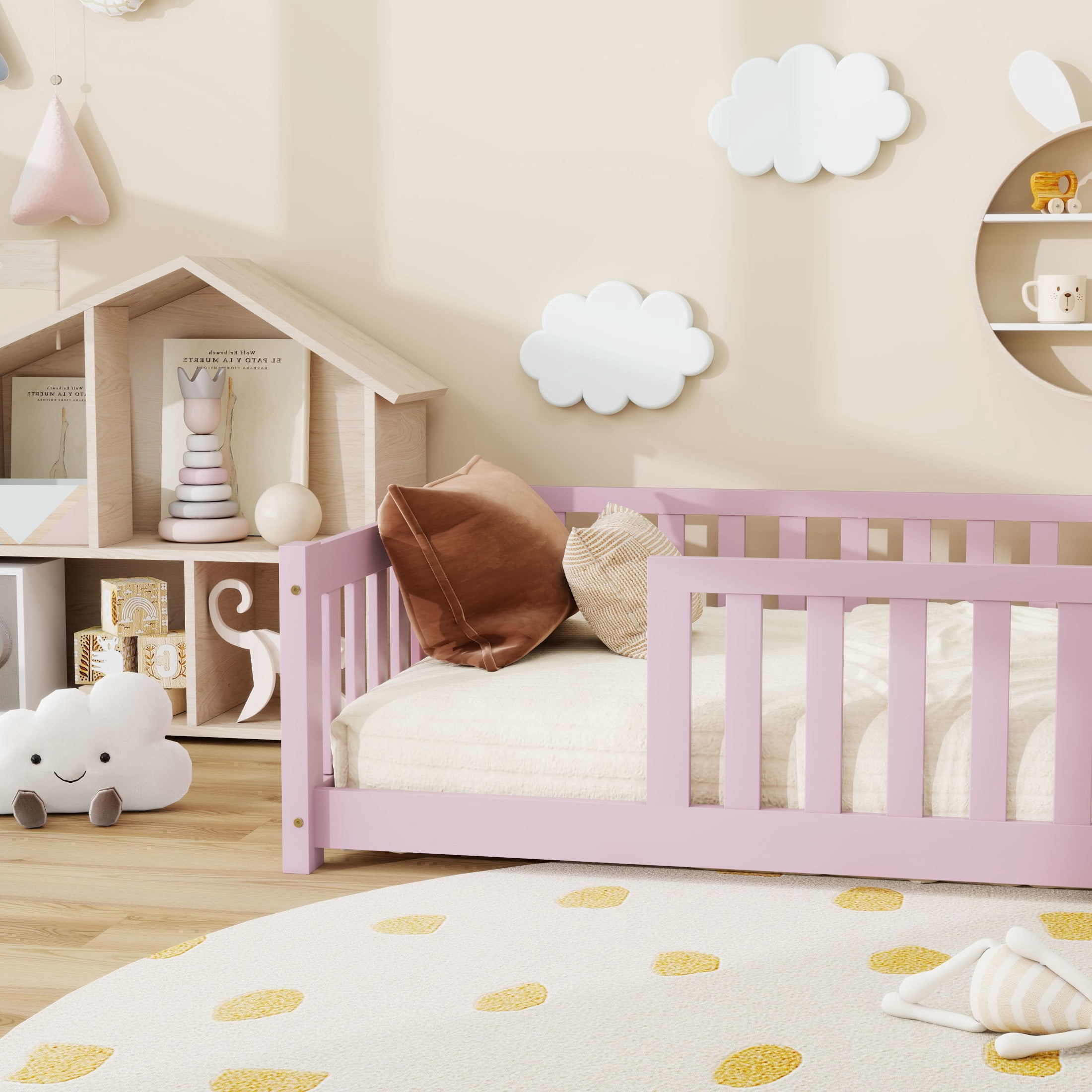 Noble House Wahid Twin Size Floor Bed with High Safety Guardrails, Rubber Wooden Bed Frame, Pink