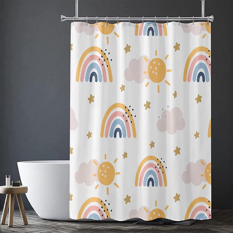Rainbow Shower Curtain Set - Waterproof Polyester 72x72 Inches With 12 Hooks, Cute Kids Bathroom Decor