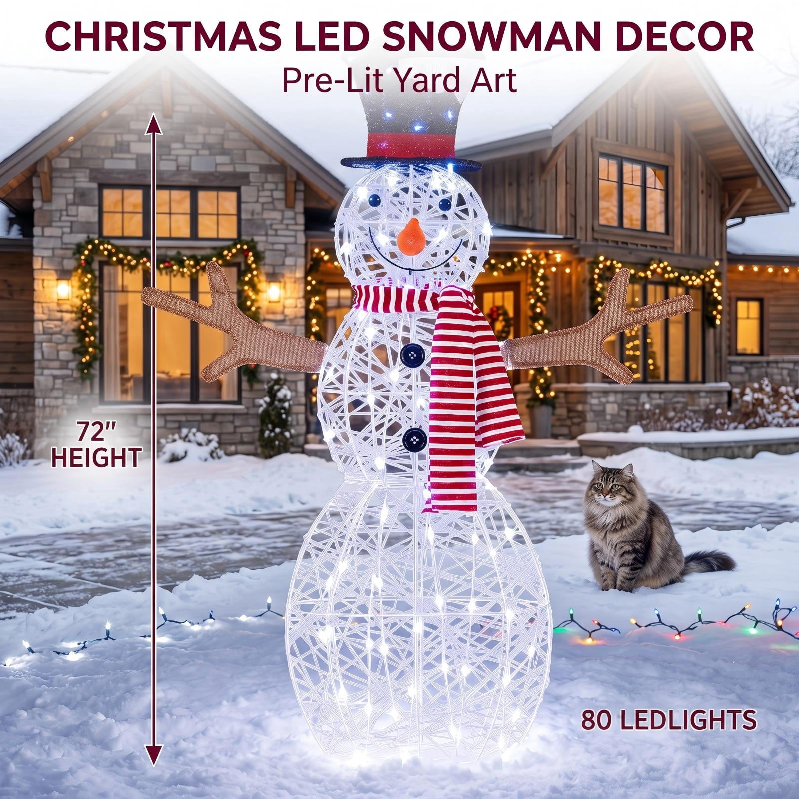 ALPULON Lighted Snowman Christmas Decoration with 80 Cold White LED Lights, Outdoor Waterproof Metal Frame Holiday Yard Decor with Ground Stakes, White